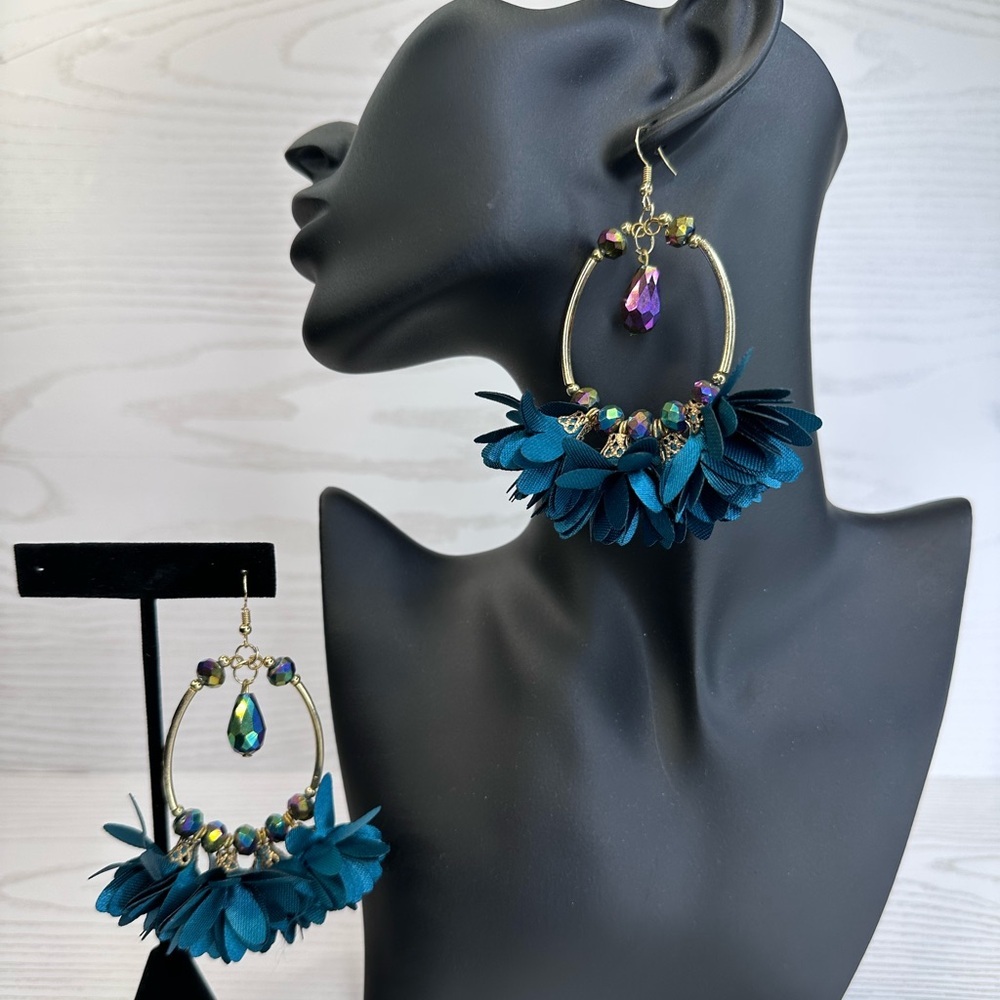 Handmade Elegant Teal and gold Floral Hoop Earrings 14k gold platted